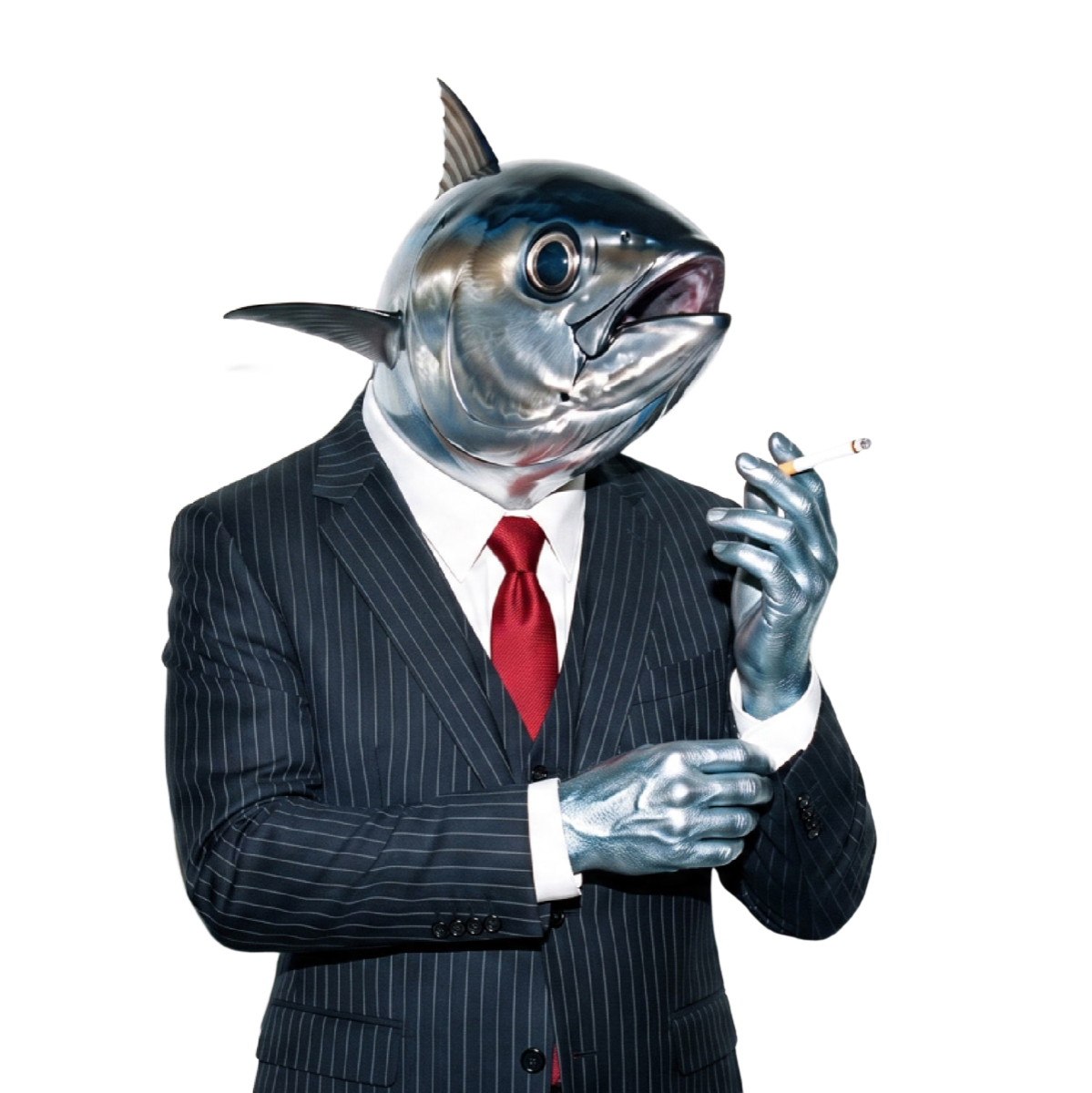 The LNTV anchor: a bluefin tuna in a navy pinstripe suit and red tie, holding a lit cigarette
